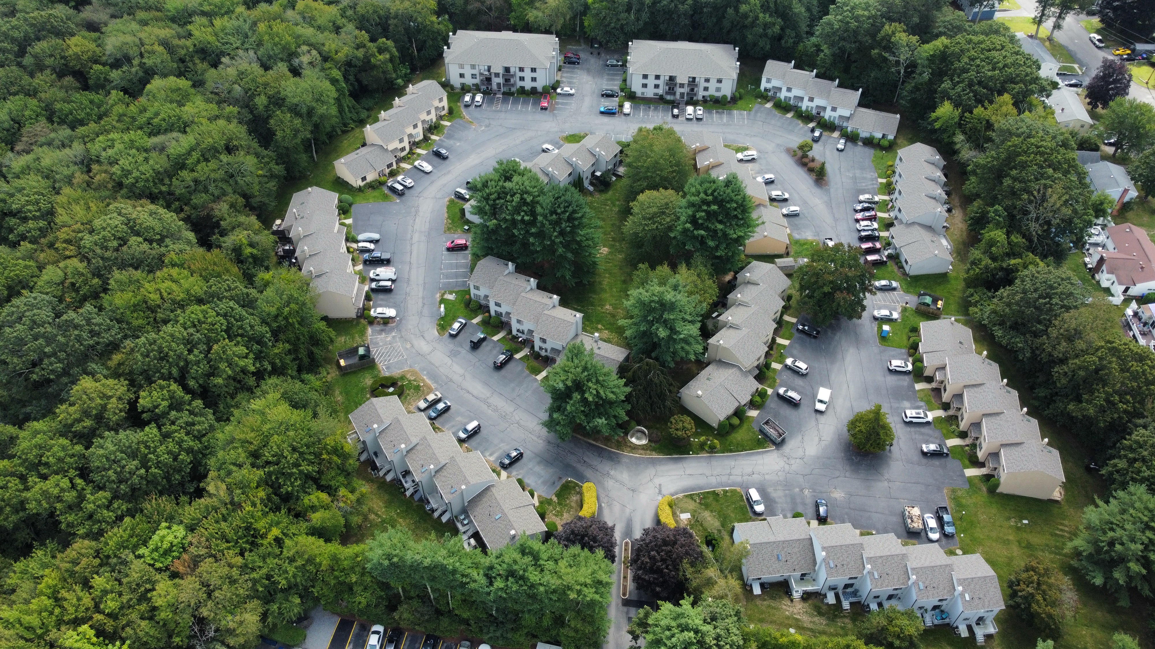 Aerial drone view of completed roof replacement project in Massachusetts